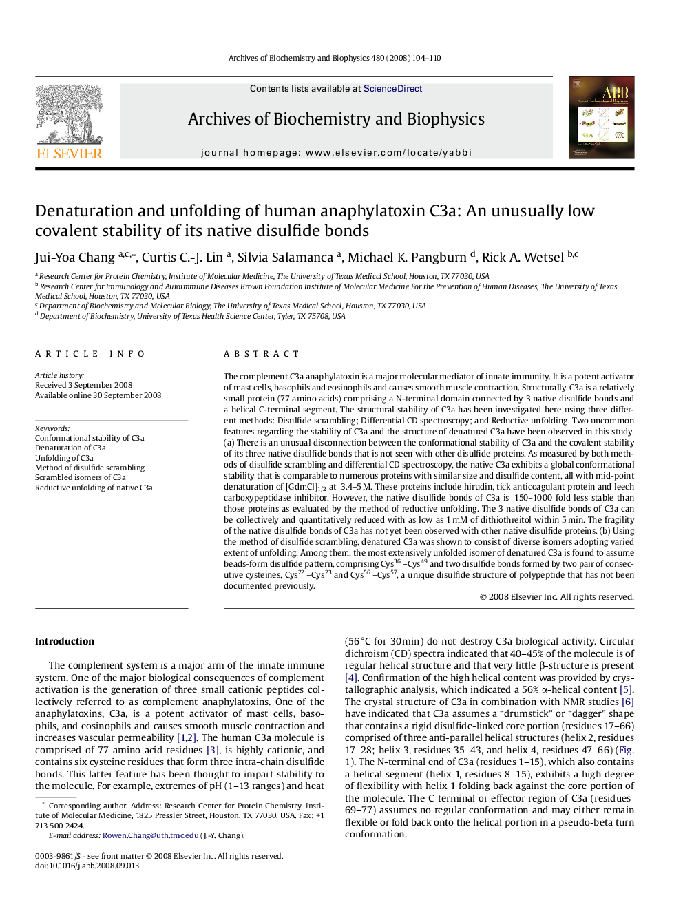 Denaturation and unfolding of human anaphylatoxin C3a: An unusually low covalent stability of its native disulfide bonds