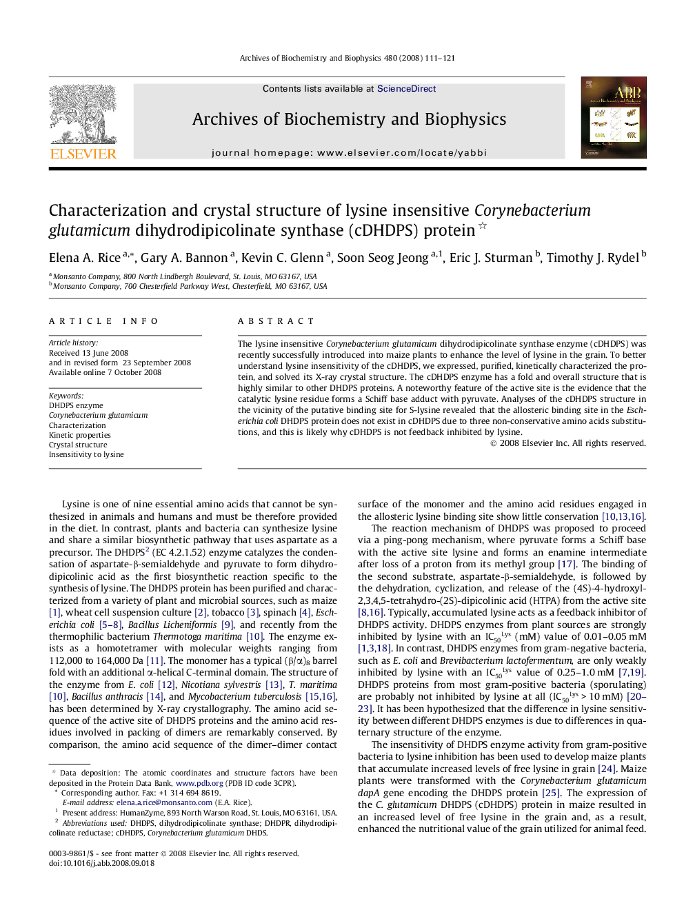 Characterization and crystal structure of lysine insensitive Corynebacterium glutamicum dihydrodipicolinate synthase (cDHDPS) protein 