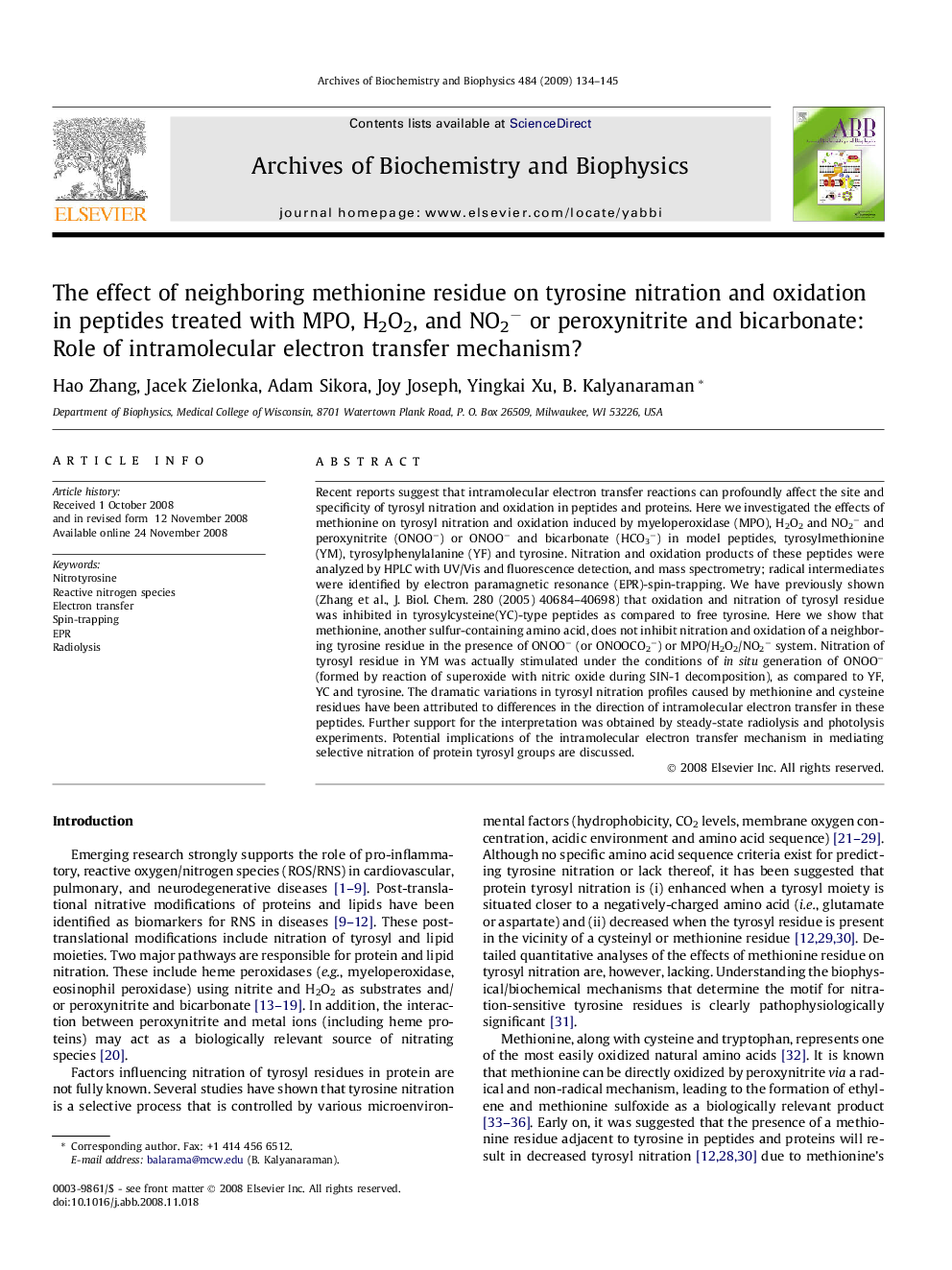 The effect of neighboring methionine residue on tyrosine nitration and oxidation in peptides treated with MPO, H2O2, and NO2− or peroxynitrite and bicarbonate: Role of intramolecular electron transfer mechanism?