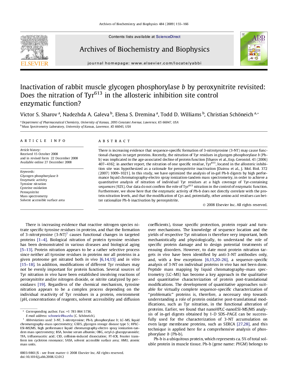 Inactivation of rabbit muscle glycogen phosphorylase b by peroxynitrite revisited: Does the nitration of Tyr613 in the allosteric inhibition site control enzymatic function?