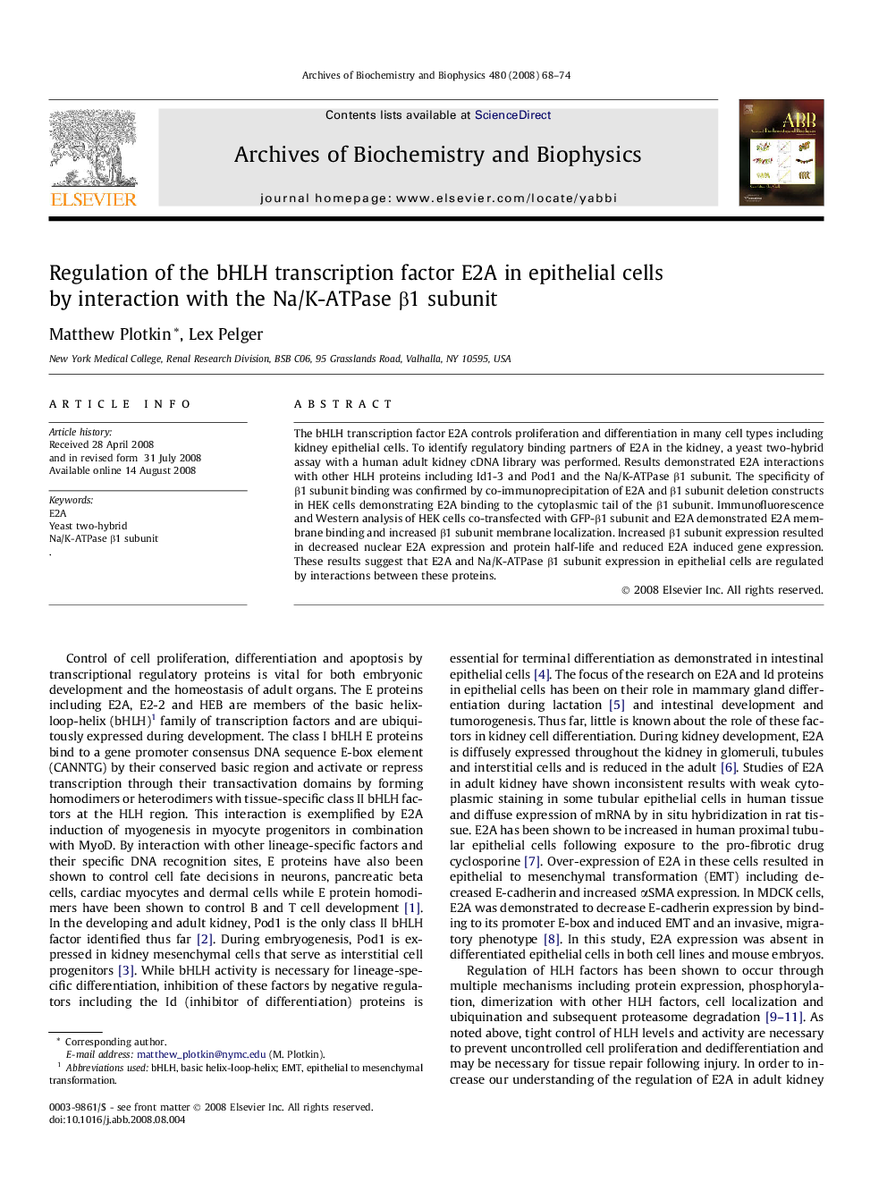 Regulation of the bHLH transcription factor E2A in epithelial cells by interaction with the Na/K-ATPase β1 subunit