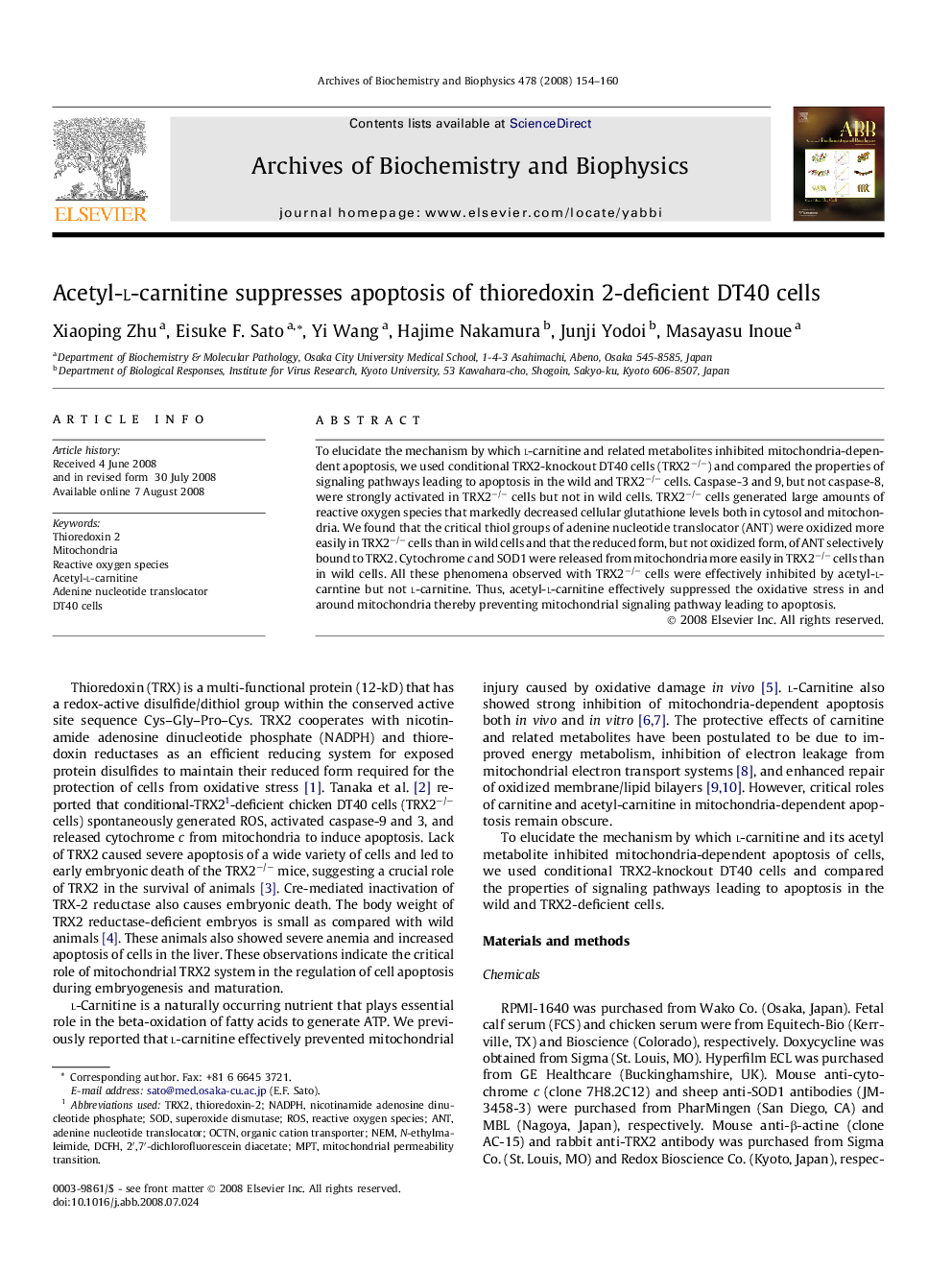 Acetyl-l-carnitine suppresses apoptosis of thioredoxin 2-deficient DT40 cells