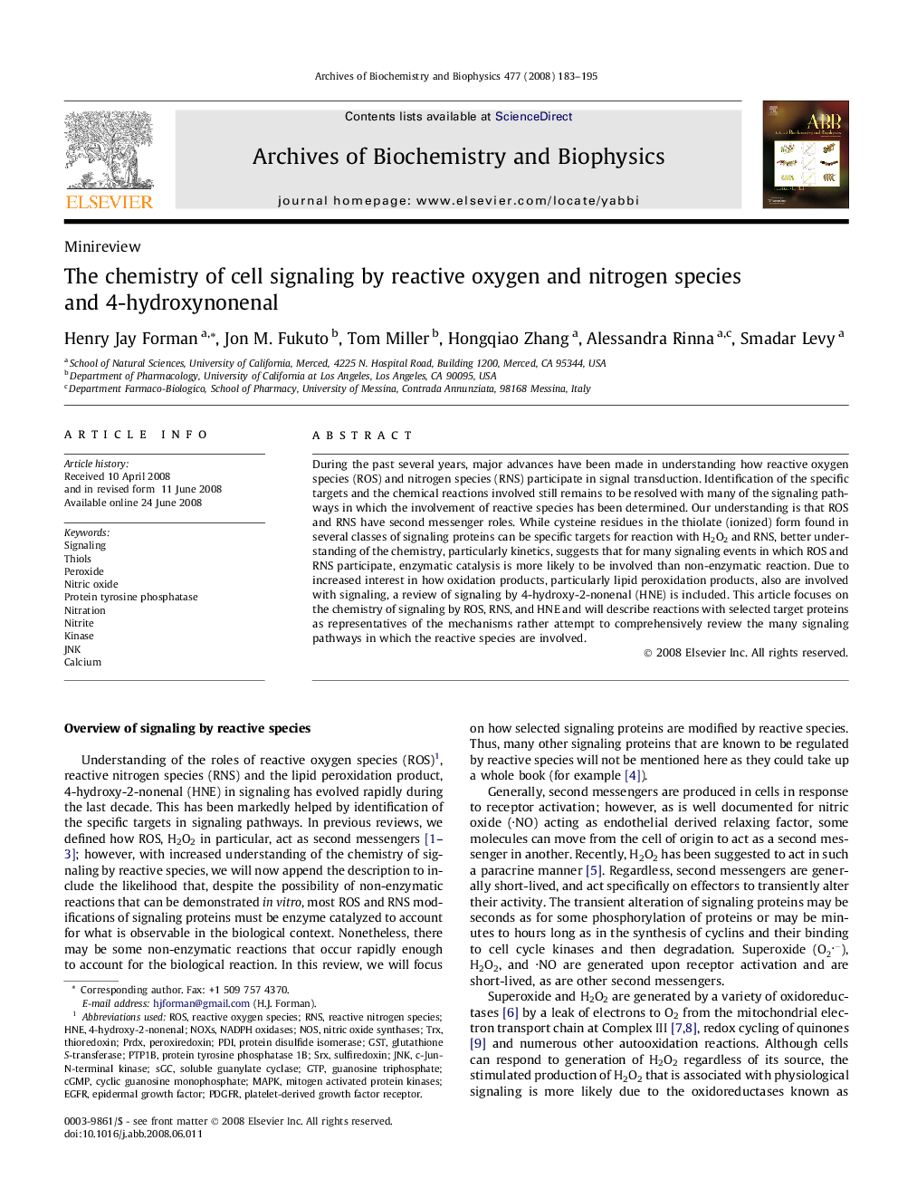 The chemistry of cell signaling by reactive oxygen and nitrogen species and 4-hydroxynonenal