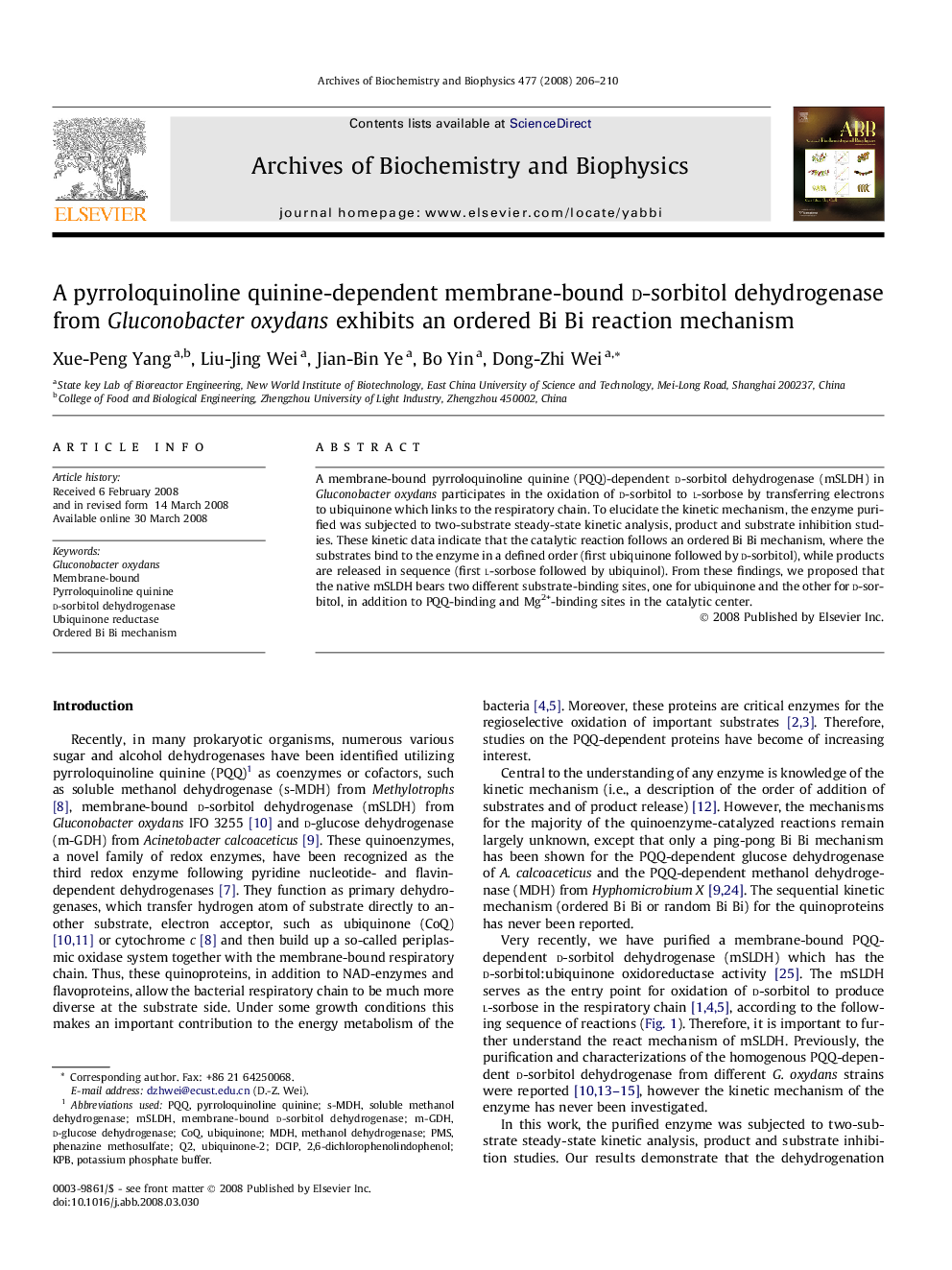 A pyrroloquinoline quinine-dependent membrane-bound d-sorbitol dehydrogenase from Gluconobacter oxydans exhibits an ordered Bi Bi reaction mechanism