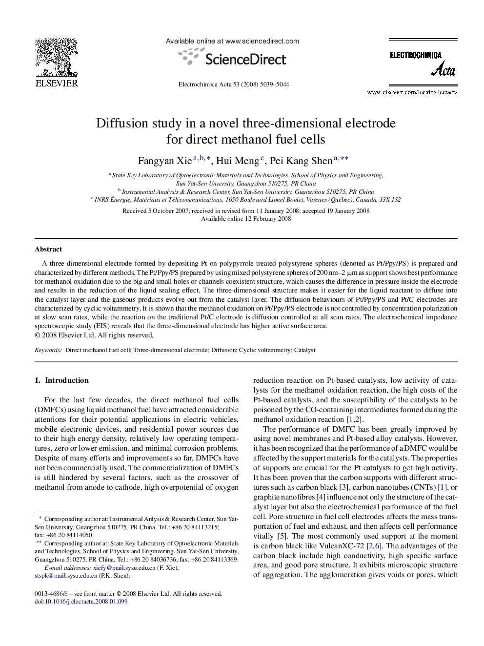 Diffusion study in a novel three-dimensional electrode for direct methanol fuel cells