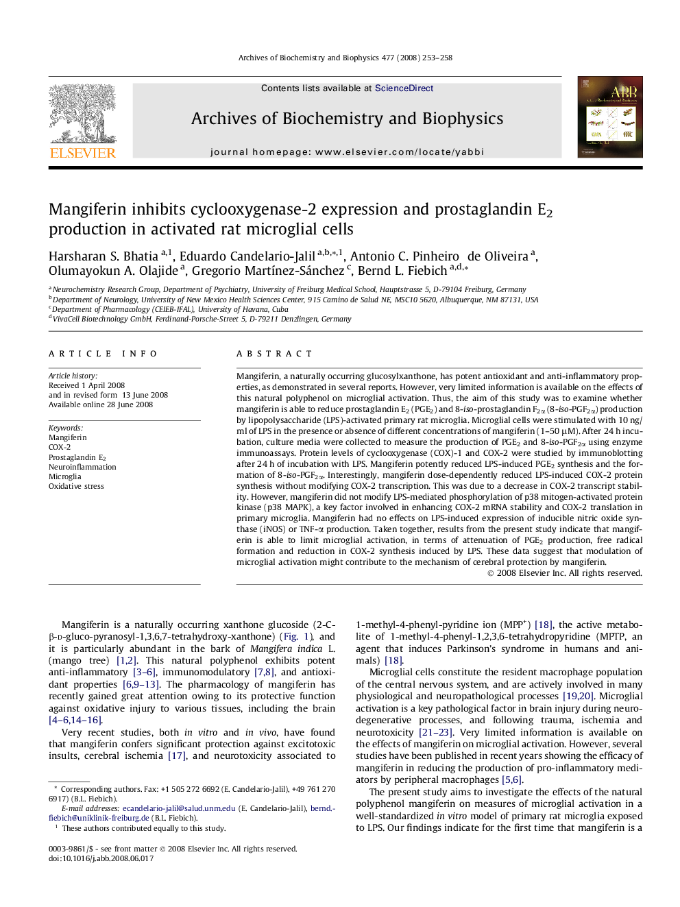 Mangiferin inhibits cyclooxygenase-2 expression and prostaglandin E2 production in activated rat microglial cells