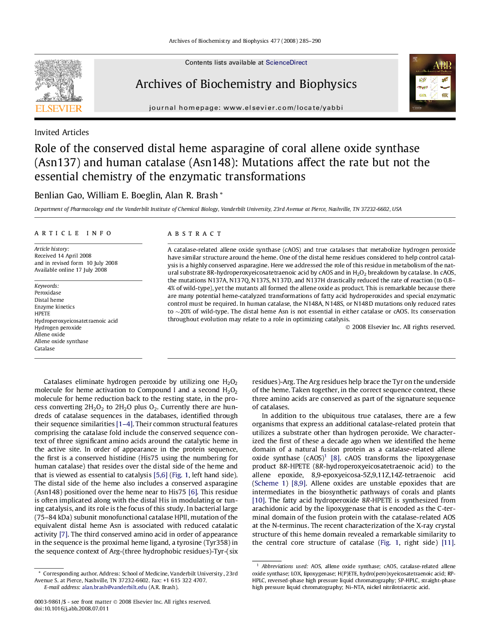 Role of the conserved distal heme asparagine of coral allene oxide synthase (Asn137) and human catalase (Asn148): Mutations affect the rate but not the essential chemistry of the enzymatic transformations