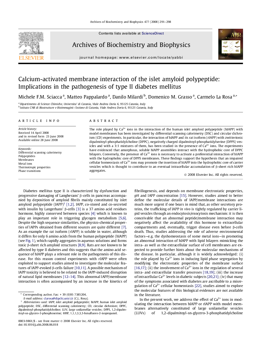 Calcium-activated membrane interaction of the islet amyloid polypeptide: Implications in the pathogenesis of type II diabetes mellitus