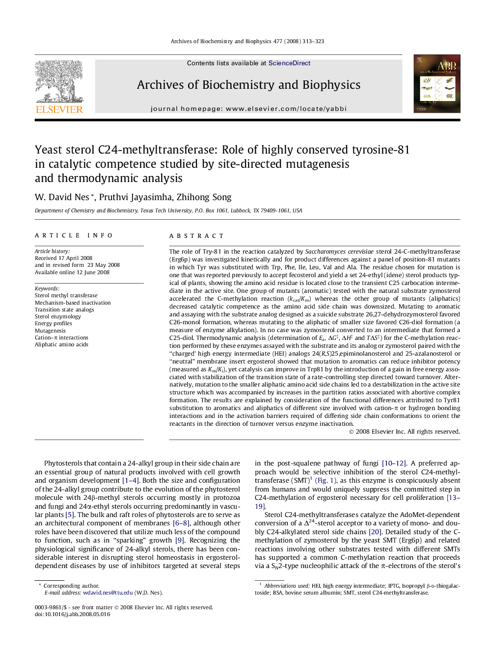 Yeast sterol C24-methyltransferase: Role of highly conserved tyrosine-81 in catalytic competence studied by site-directed mutagenesis and thermodynamic analysis