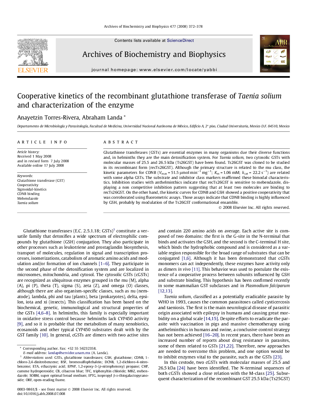 Cooperative kinetics of the recombinant glutathione transferase of Taenia solium and characterization of the enzyme