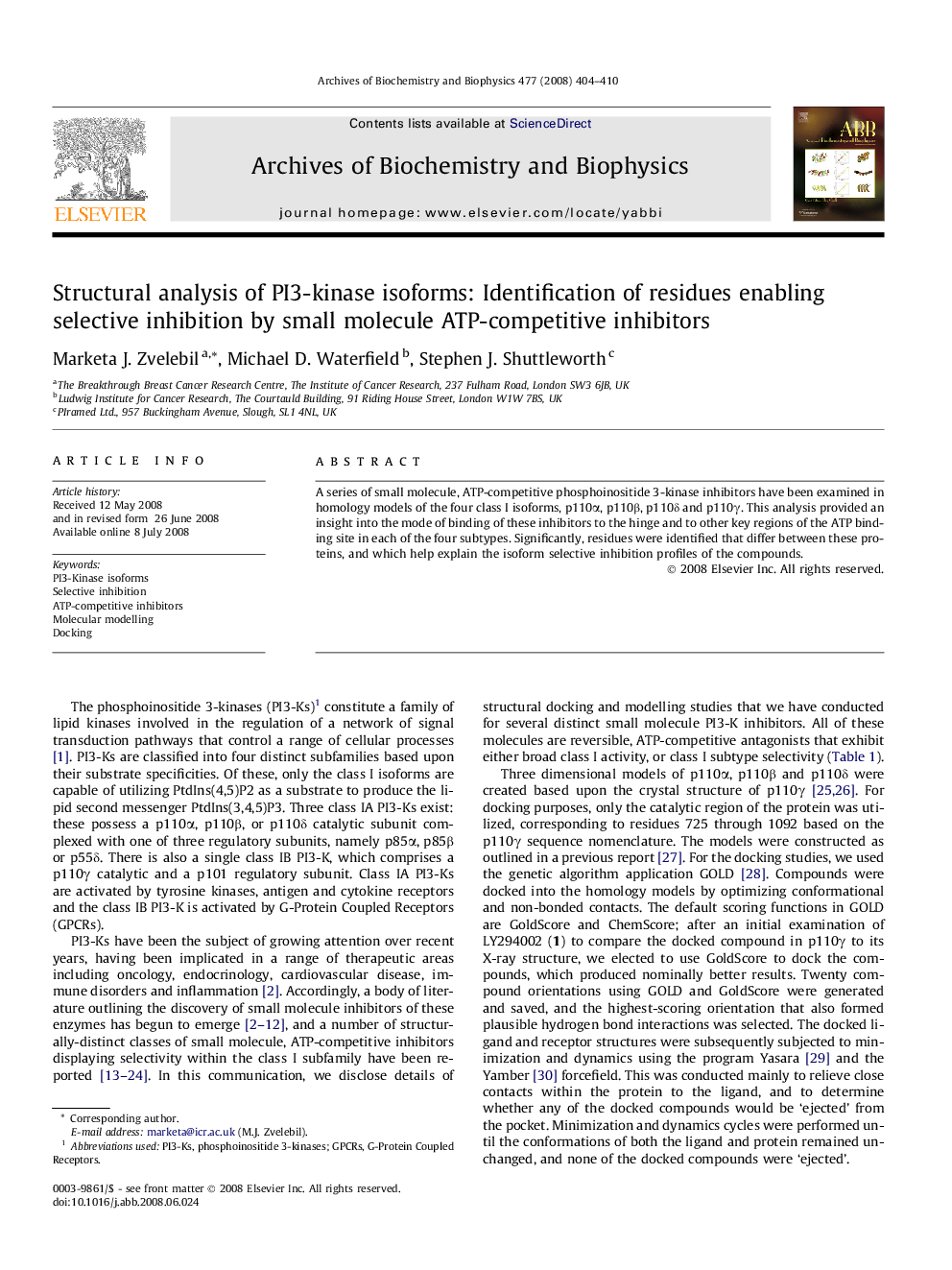 Structural analysis of PI3-kinase isoforms: Identification of residues enabling selective inhibition by small molecule ATP-competitive inhibitors