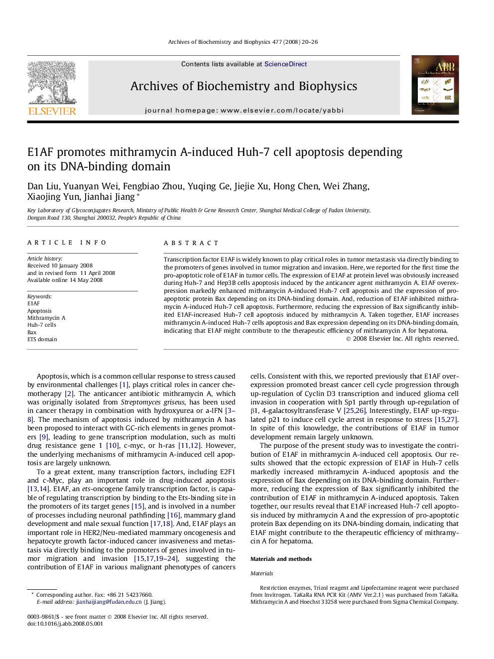 E1AF promotes mithramycin A-induced Huh-7 cell apoptosis depending on its DNA-binding domain