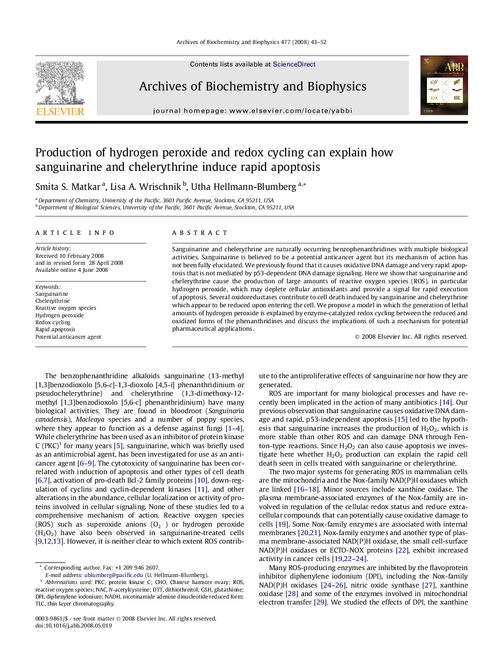 Production of hydrogen peroxide and redox cycling can explain how sanguinarine and chelerythrine induce rapid apoptosis