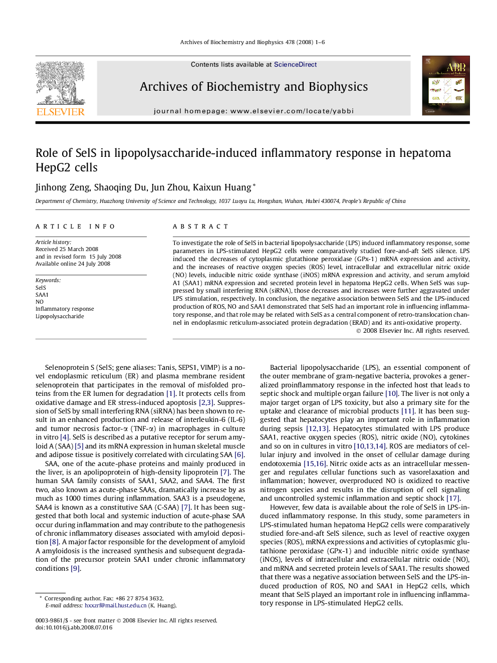 Role of SelS in lipopolysaccharide-induced inflammatory response in hepatoma HepG2 cells