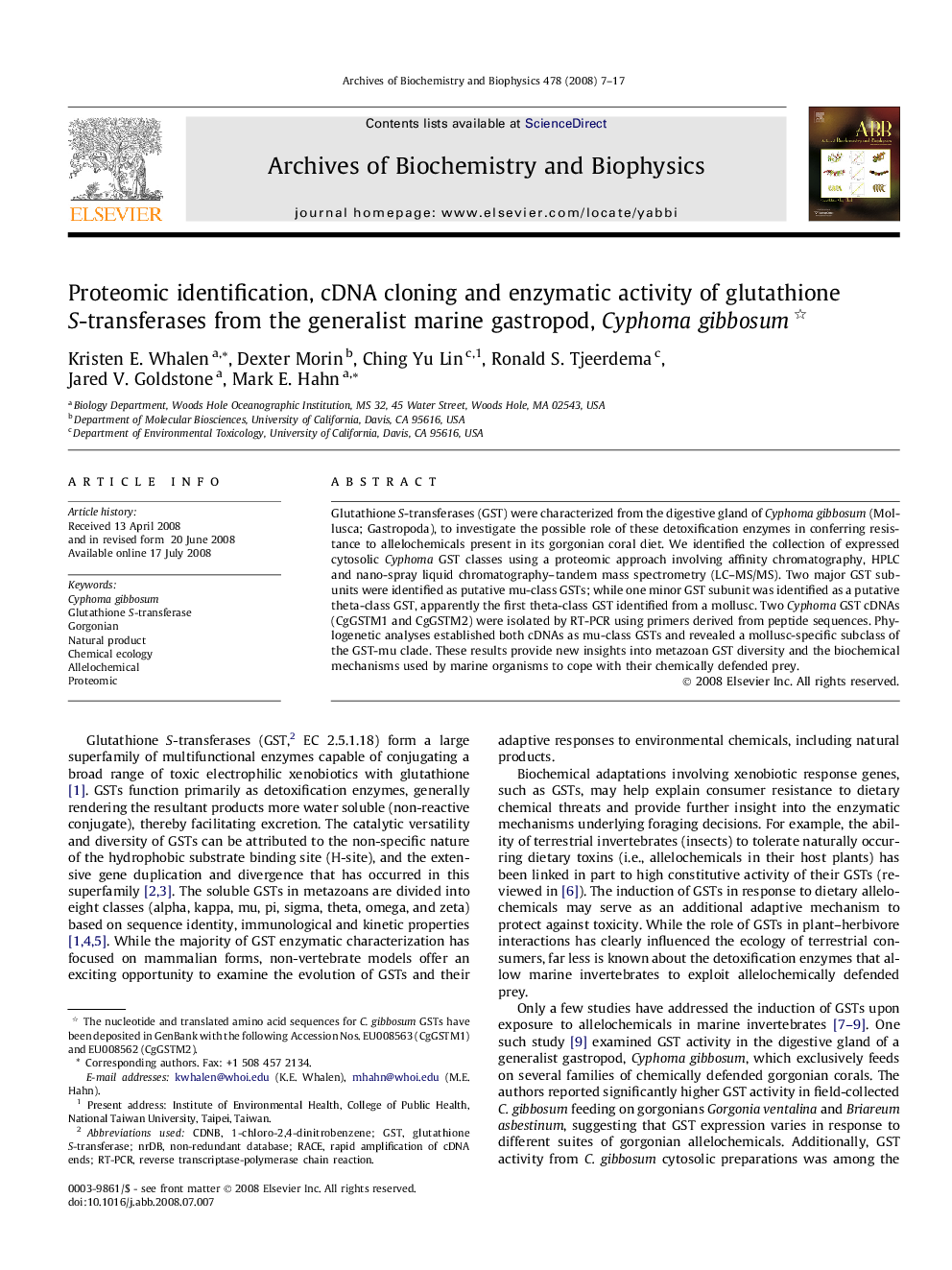 Proteomic identification, cDNA cloning and enzymatic activity of glutathione S-transferases from the generalist marine gastropod, Cyphoma gibbosum 