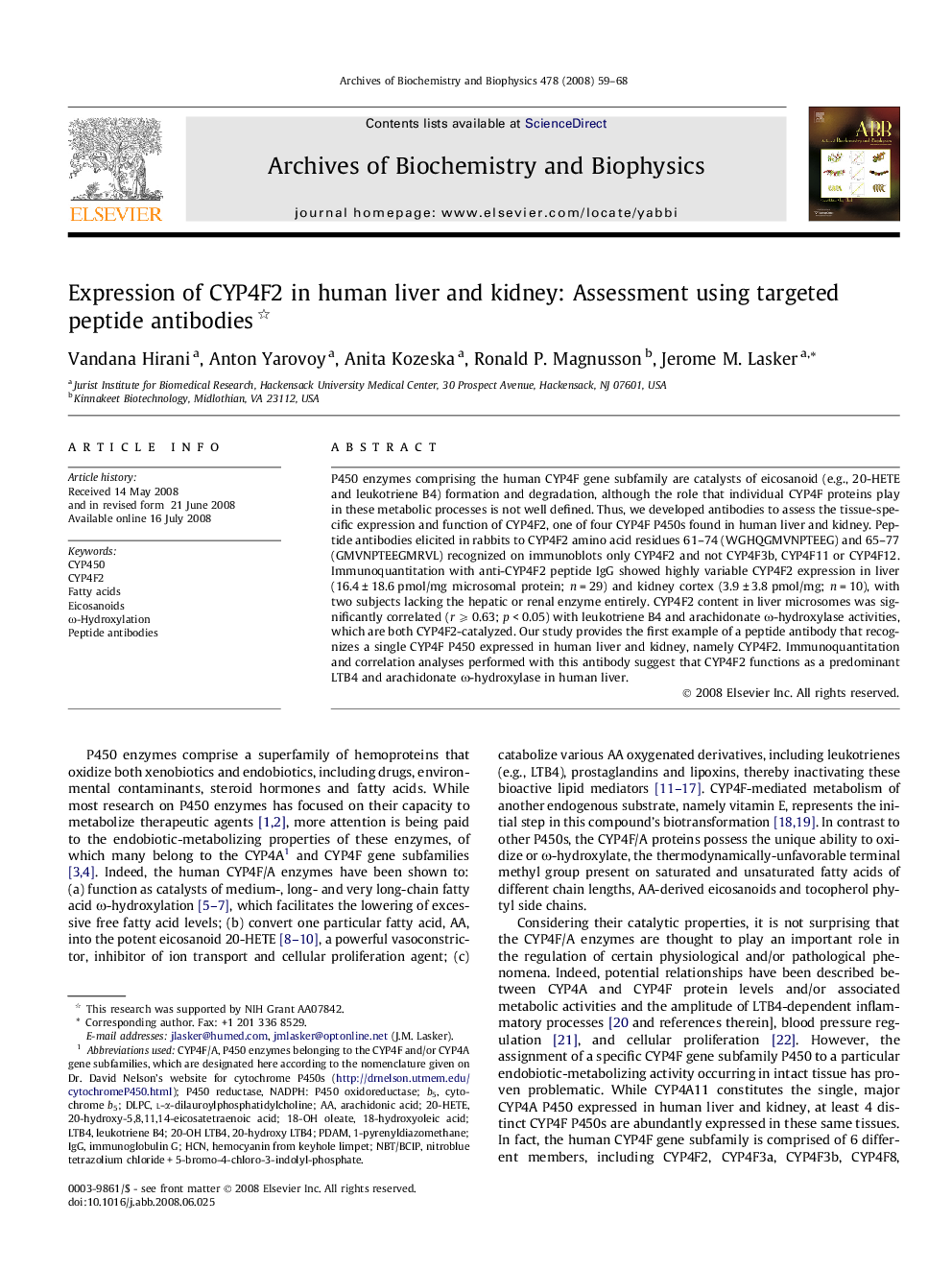 Expression of CYP4F2 in human liver and kidney: Assessment using targeted peptide antibodies 