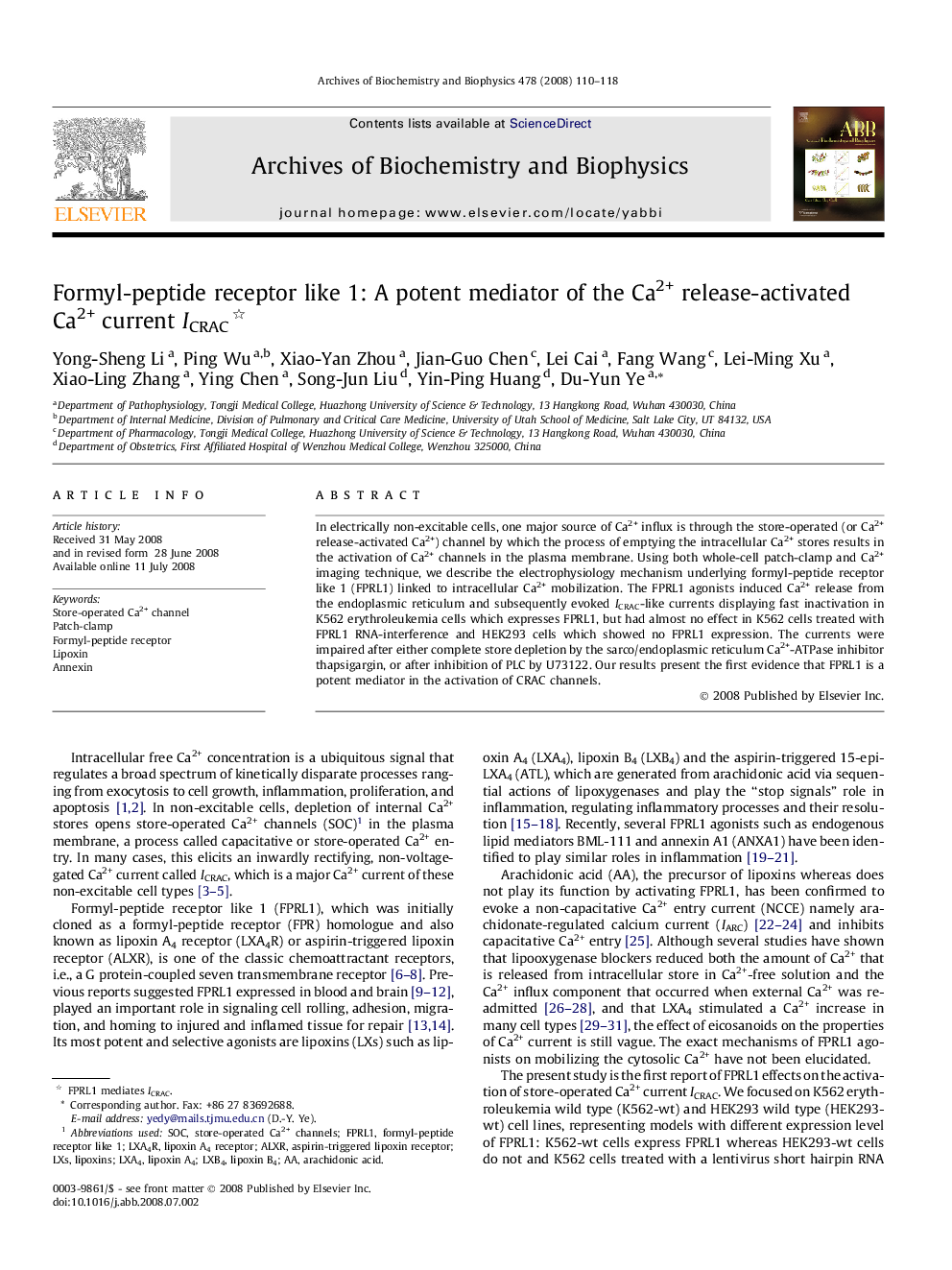 Formyl-peptide receptor like 1: A potent mediator of the Ca2+ release-activated Ca2+ current ICRAC