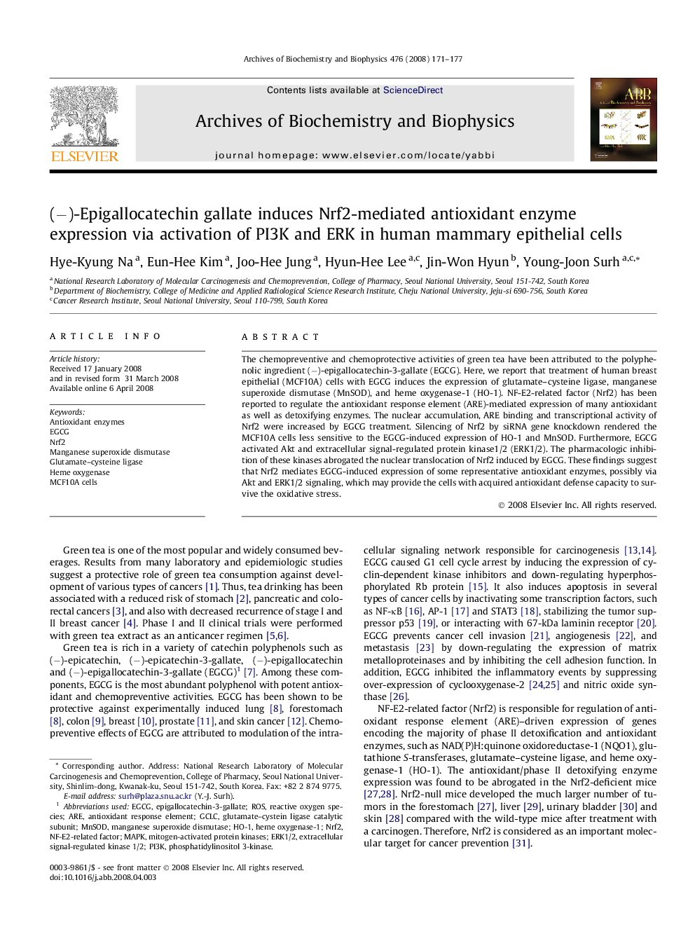 (−)-Epigallocatechin gallate induces Nrf2-mediated antioxidant enzyme expression via activation of PI3K and ERK in human mammary epithelial cells