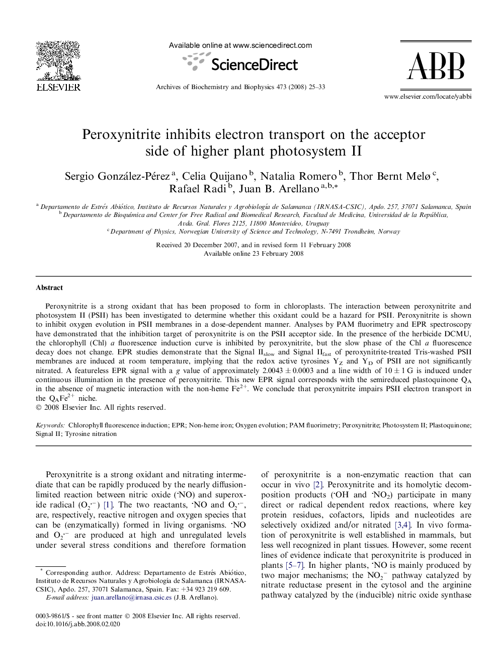 Peroxynitrite inhibits electron transport on the acceptor side of higher plant photosystem II