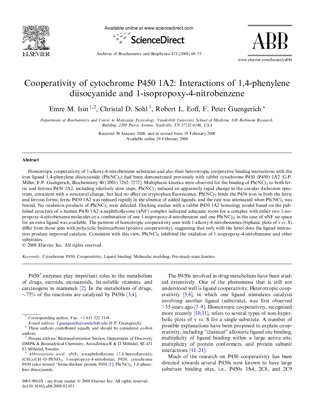 Cooperativity of cytochrome P450 1A2: Interactions of 1,4-phenylene diisocyanide and 1-isopropoxy-4-nitrobenzene