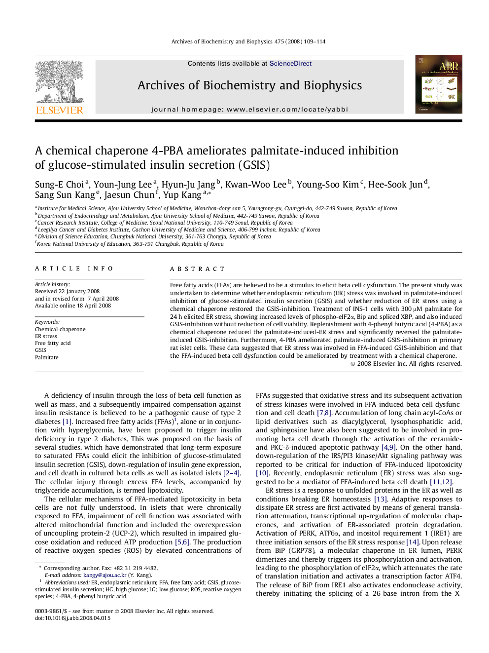 A chemical chaperone 4-PBA ameliorates palmitate-induced inhibition of glucose-stimulated insulin secretion (GSIS)