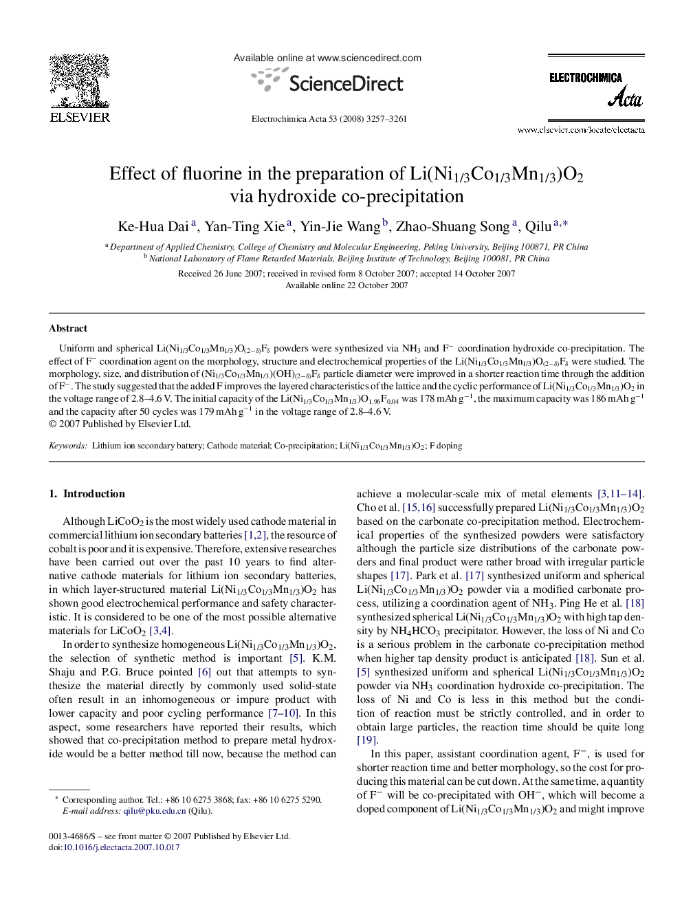 Effect of fluorine in the preparation of Li(Ni1/3Co1/3Mn1/3)O2 via hydroxide co-precipitation