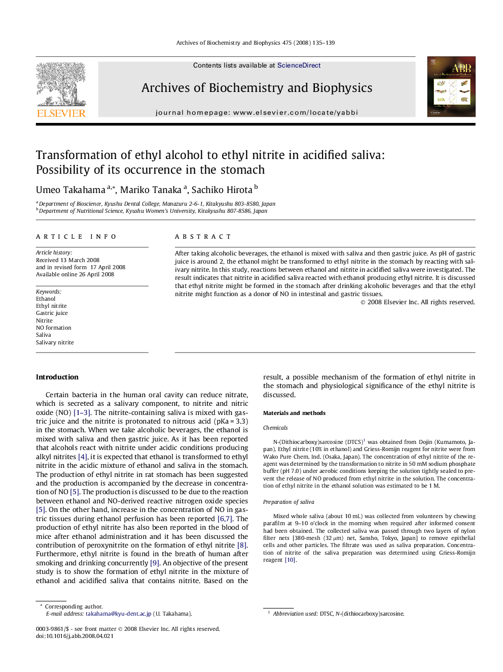 Transformation of ethyl alcohol to ethyl nitrite in acidified saliva: Possibility of its occurrence in the stomach