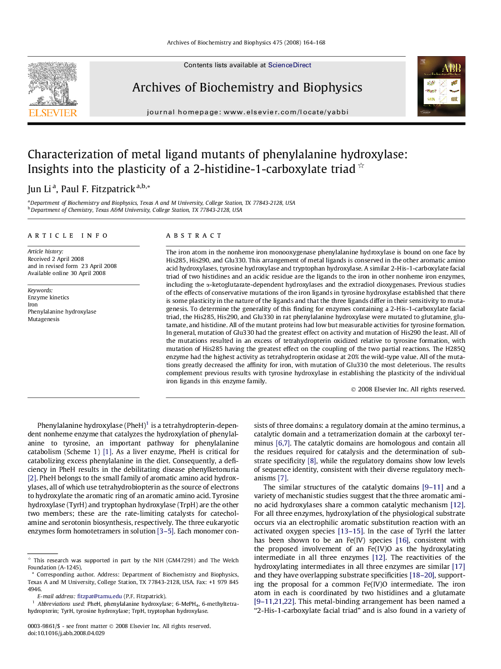 Characterization of metal ligand mutants of phenylalanine hydroxylase: Insights into the plasticity of a 2-histidine-1-carboxylate triad 