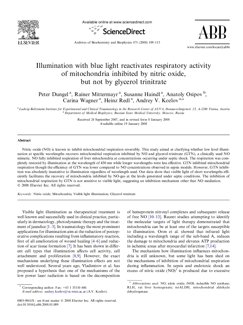 Illumination with blue light reactivates respiratory activity of mitochondria inhibited by nitric oxide, but not by glycerol trinitrate