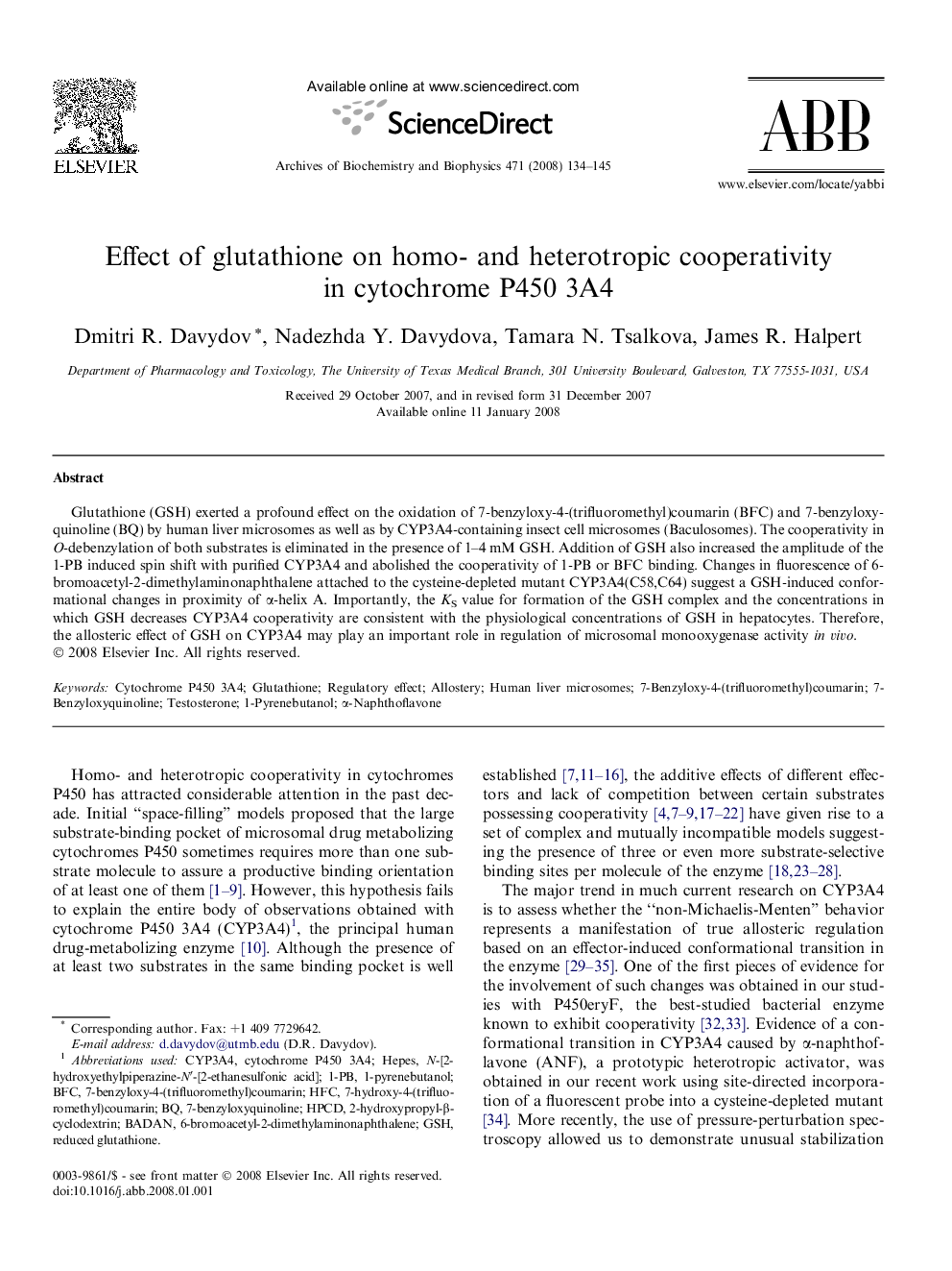 Effect of glutathione on homo- and heterotropic cooperativity in cytochrome P450 3A4