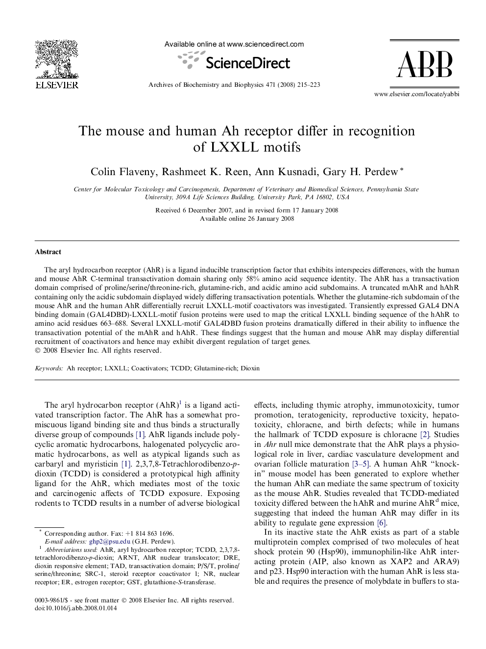 The mouse and human Ah receptor differ in recognition of LXXLL motifs