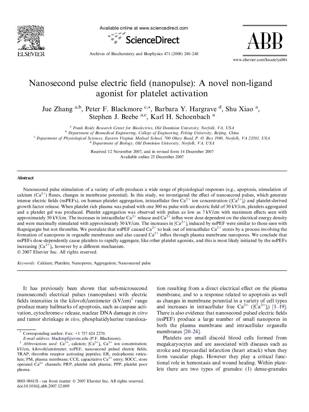 Nanosecond pulse electric field (nanopulse): A novel non-ligand agonist for platelet activation