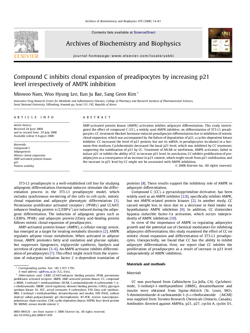 Compound C inhibits clonal expansion of preadipocytes by increasing p21 level irrespectively of AMPK inhibition