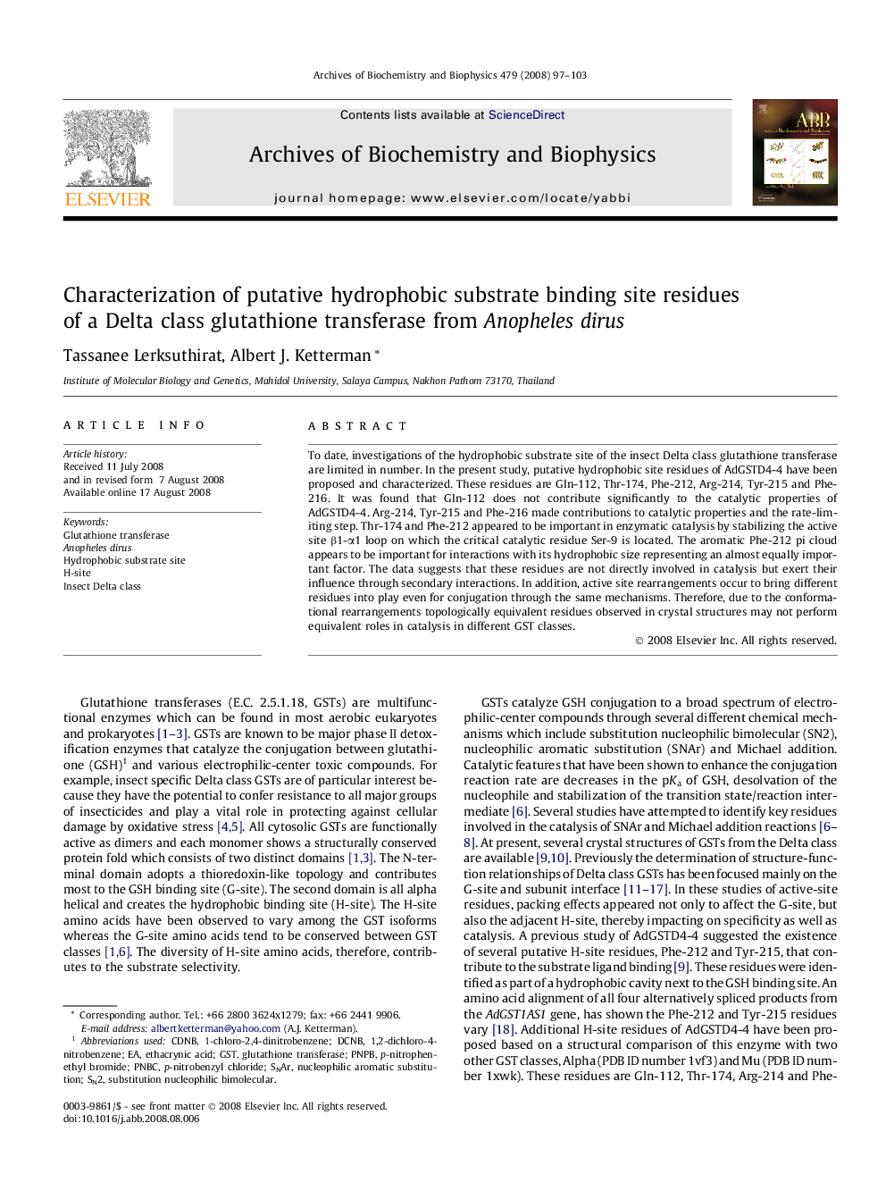 Characterization of putative hydrophobic substrate binding site residues of a Delta class glutathione transferase from Anopheles dirus