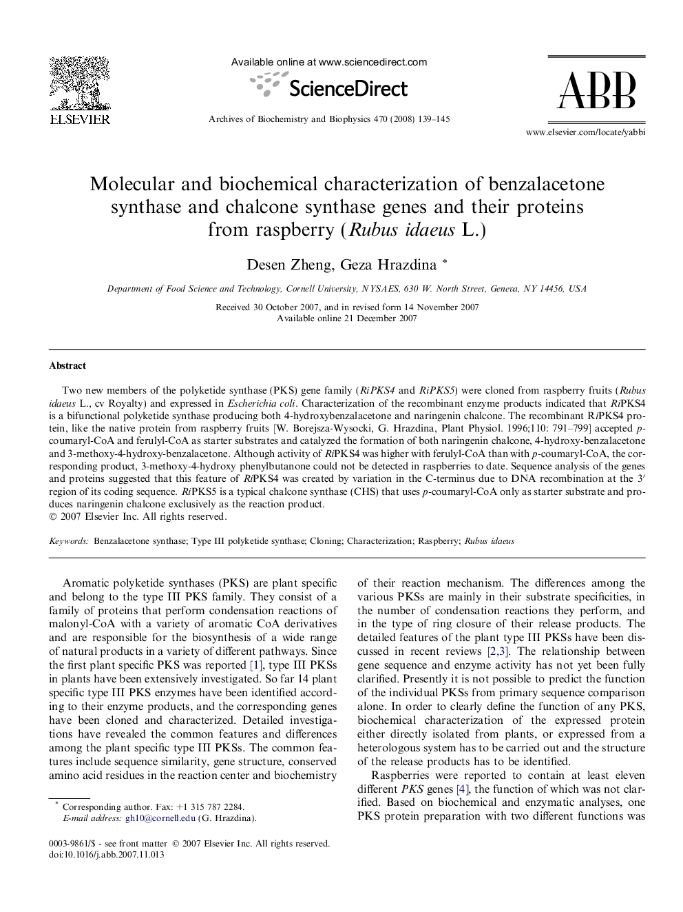 Molecular and biochemical characterization of benzalacetone synthase and chalcone synthase genes and their proteins from raspberry (Rubus idaeus L.)