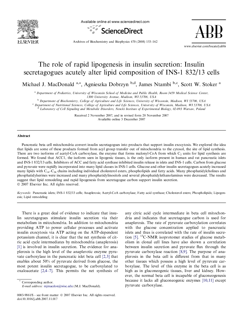 The role of rapid lipogenesis in insulin secretion: Insulin secretagogues acutely alter lipid composition of INS-1 832/13 cells