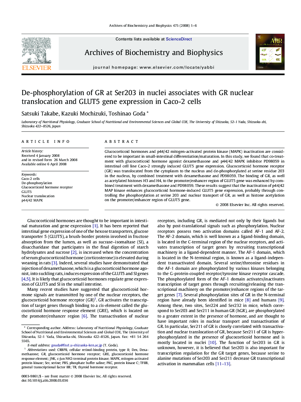 De-phosphorylation of GR at Ser203 in nuclei associates with GR nuclear translocation and GLUT5 gene expression in Caco-2 cells