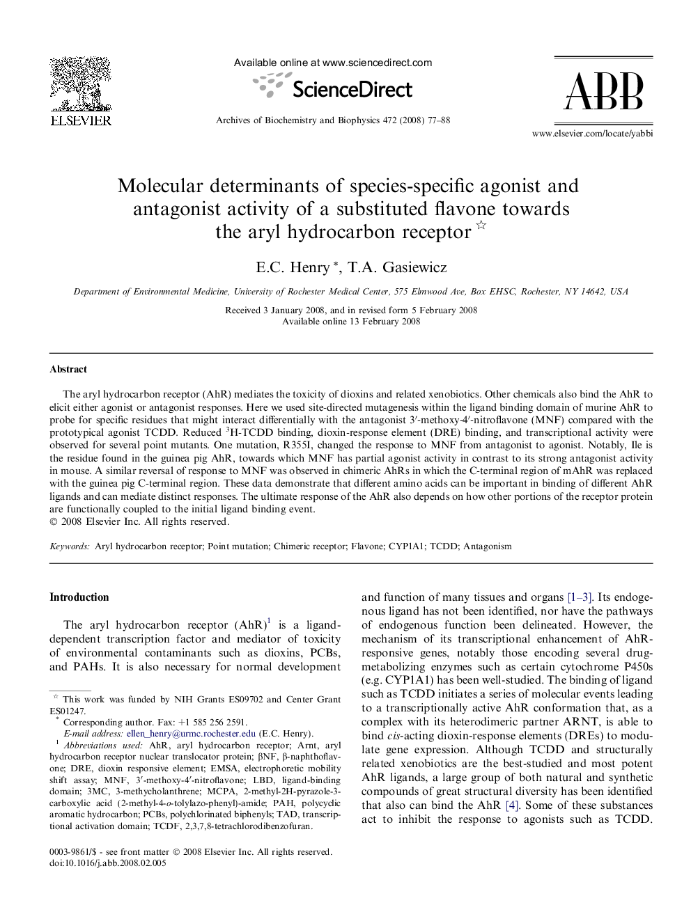 Molecular determinants of species-specific agonist and antagonist activity of a substituted flavone towards the aryl hydrocarbon receptor 