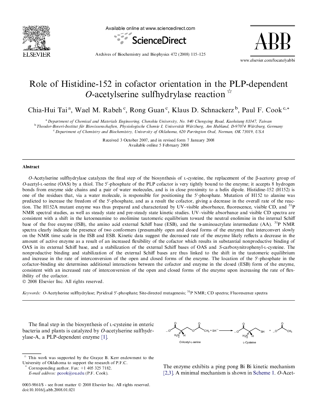 Role of Histidine-152 in cofactor orientation in the PLP-dependent O-acetylserine sulfhydrylase reaction