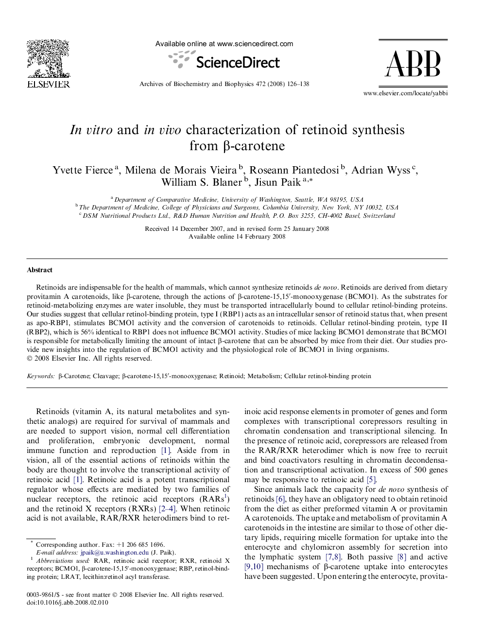 In vitro and in vivo characterization of retinoid synthesis from Î²-carotene