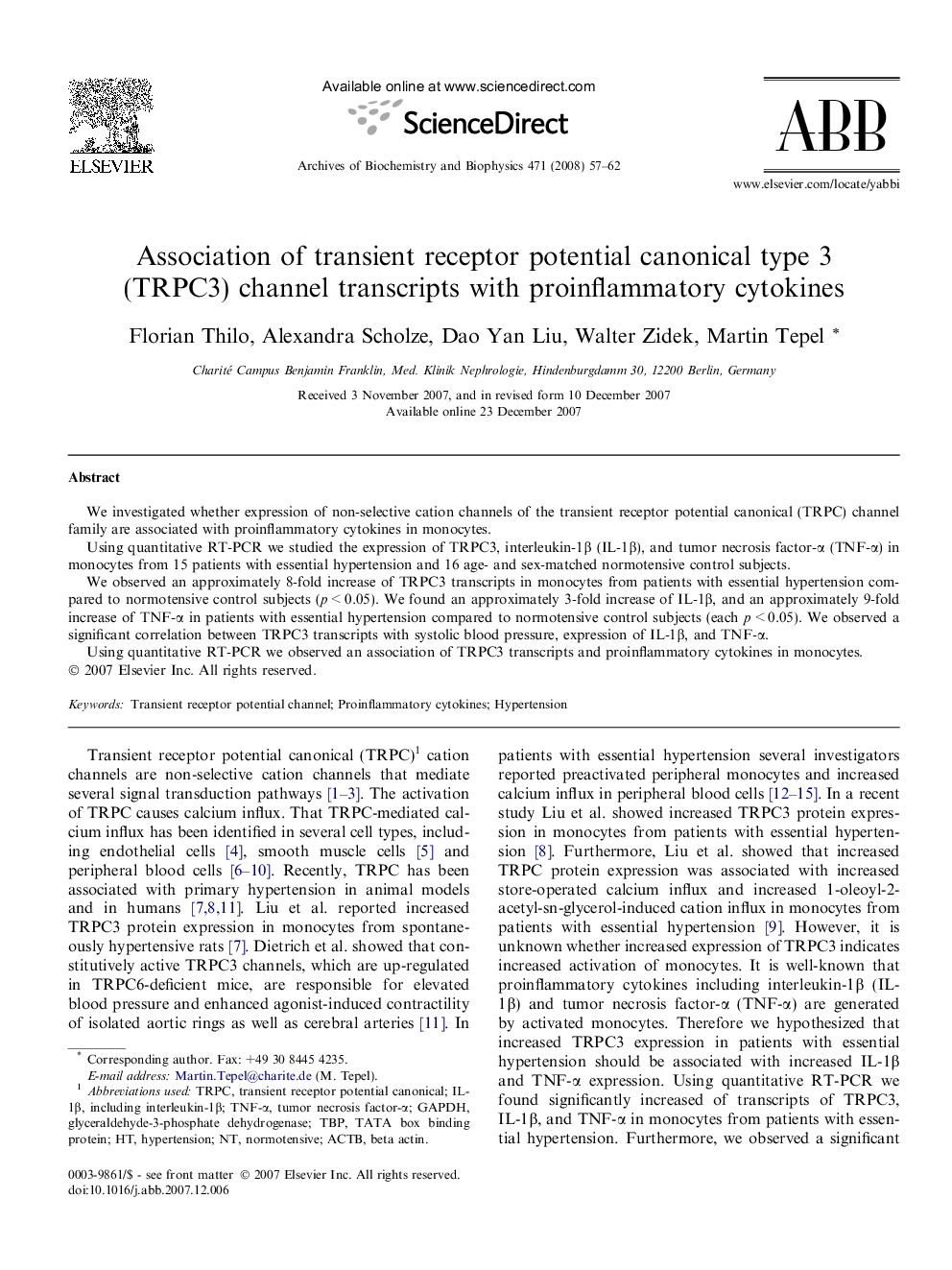 Association of transient receptor potential canonical type 3 (TRPC3) channel transcripts with proinflammatory cytokines