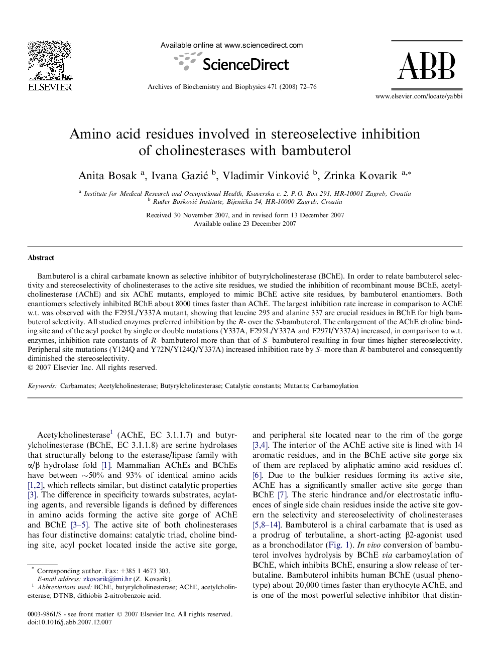 Amino acid residues involved in stereoselective inhibition of cholinesterases with bambuterol