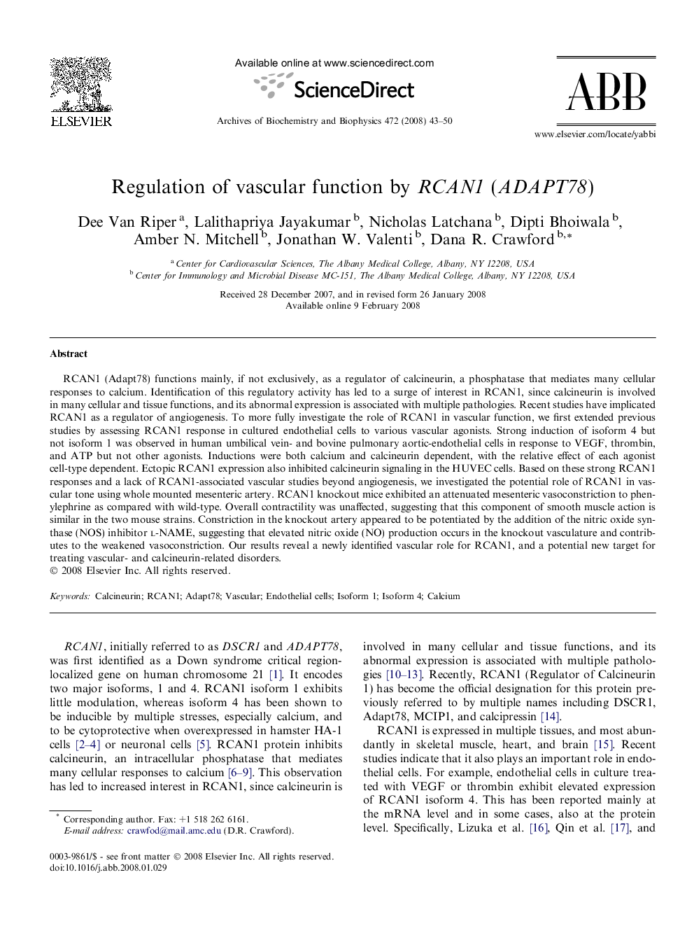 Regulation of vascular function by RCAN1 (ADAPT78)