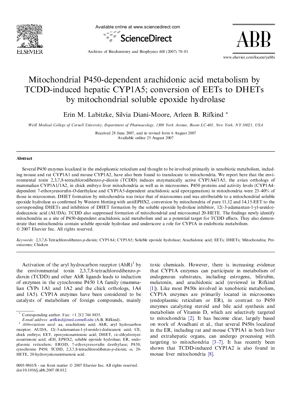 Mitochondrial P450-dependent arachidonic acid metabolism by TCDD-induced hepatic CYP1A5; conversion of EETs to DHETs by mitochondrial soluble epoxide hydrolase