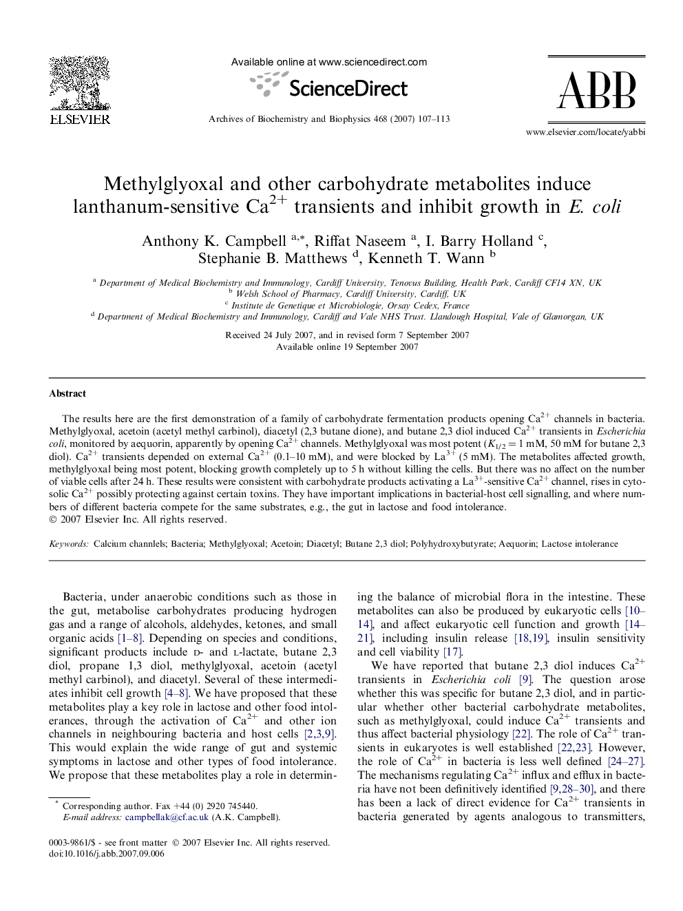 Methylglyoxal and other carbohydrate metabolites induce lanthanum-sensitive Ca2+ transients and inhibit growth in E. coli