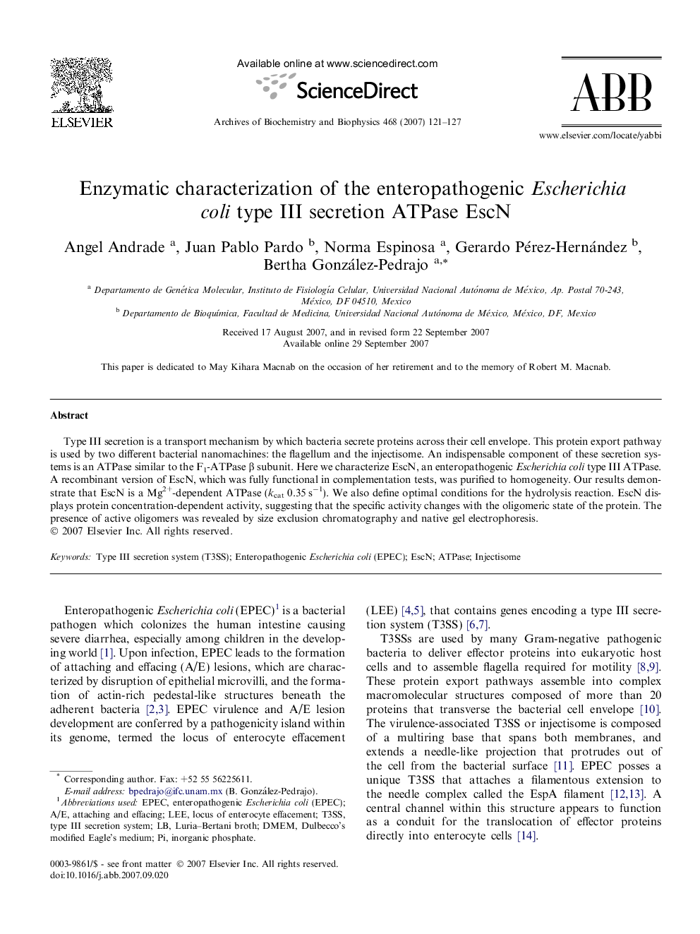 Enzymatic characterization of the enteropathogenic Escherichia coli type III secretion ATPase EscN