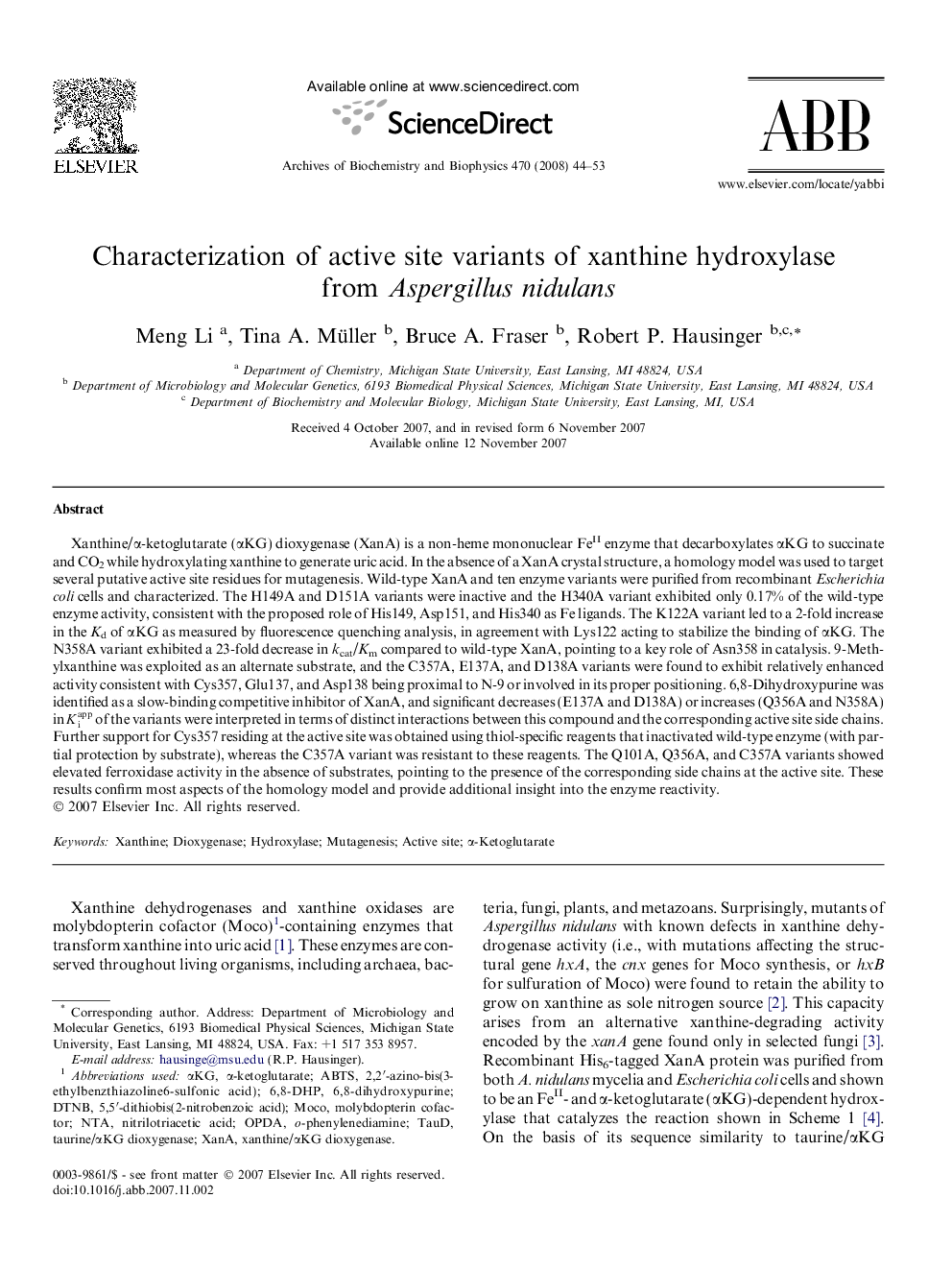 Characterization of active site variants of xanthine hydroxylase from Aspergillus nidulans