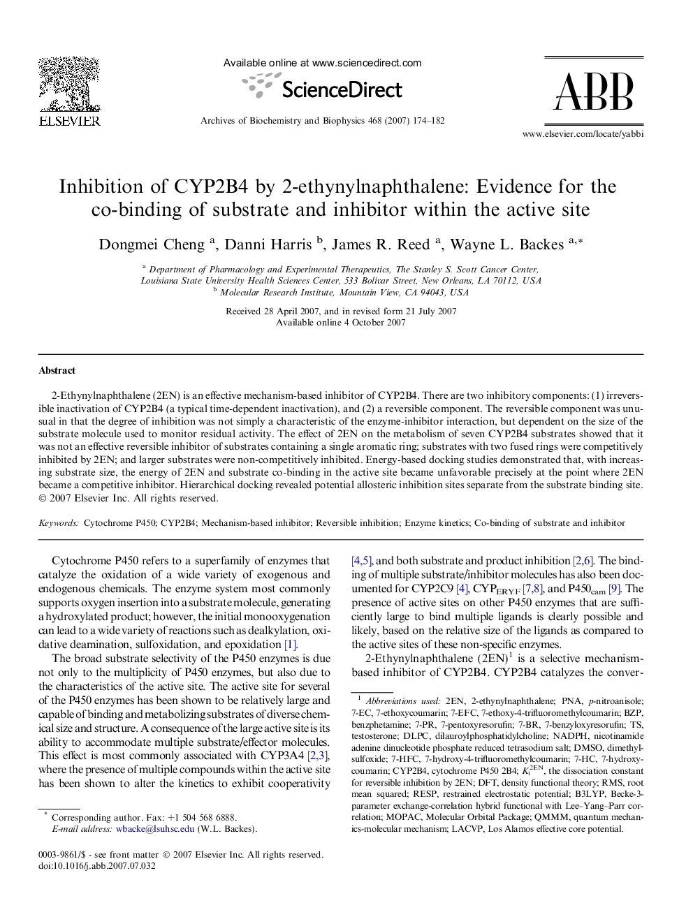 Inhibition of CYP2B4 by 2-ethynylnaphthalene: Evidence for the co-binding of substrate and inhibitor within the active site