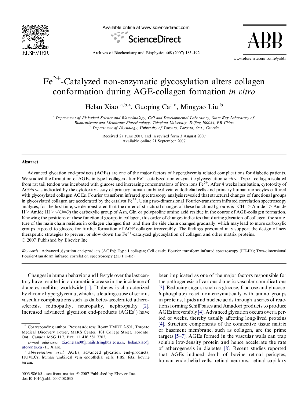 Fe2+-Catalyzed non-enzymatic glycosylation alters collagen conformation during AGE-collagen formation in vitro