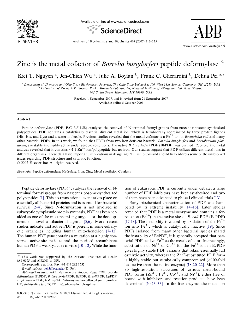 Zinc is the metal cofactor of Borrelia burgdorferi peptide deformylase 